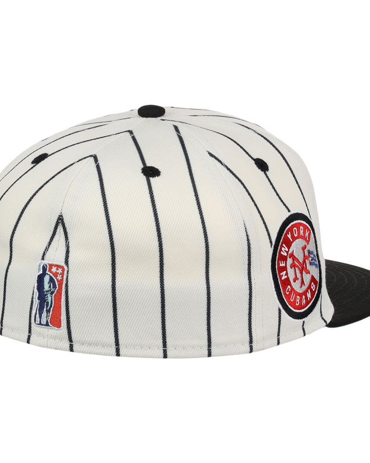 The EFF New York Cubans NLB Pinstripe Fitted Ballcap has white pinstripes, a black brim, a New York Cubans patch on the side, and a Negro National League logo on the back—celebrating Black baseball history in style.