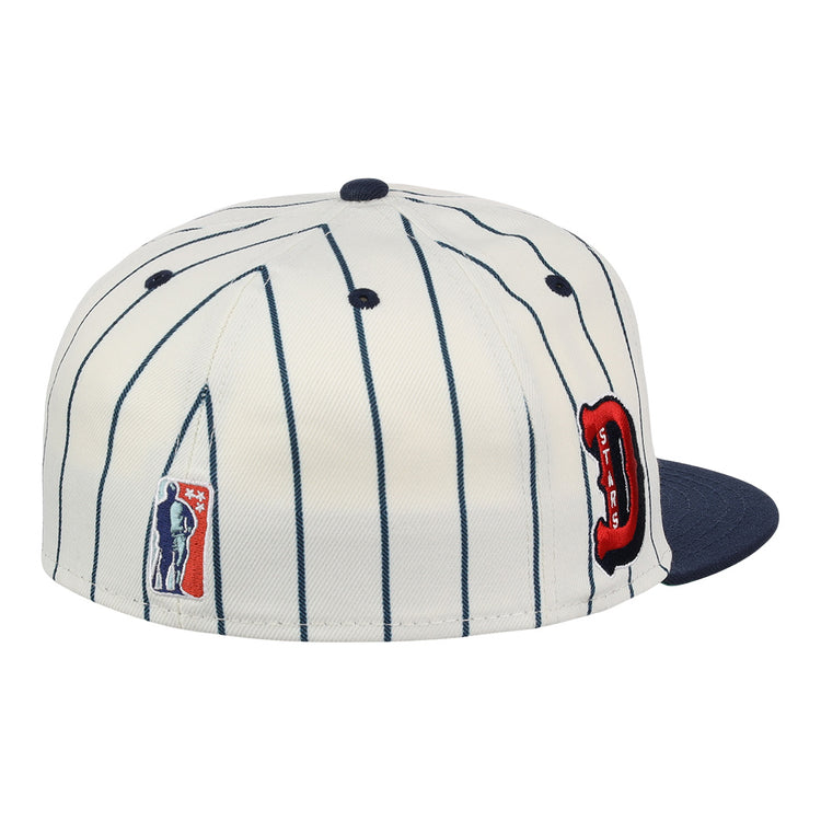 The EFF Detroit Stars NLB Pinstripe Fitted Ballcap features white fabric with dark blue pinstripes, a navy blue brim, a red and black Detroit Stars D logo, and a small embroidered baseball figure on the side.