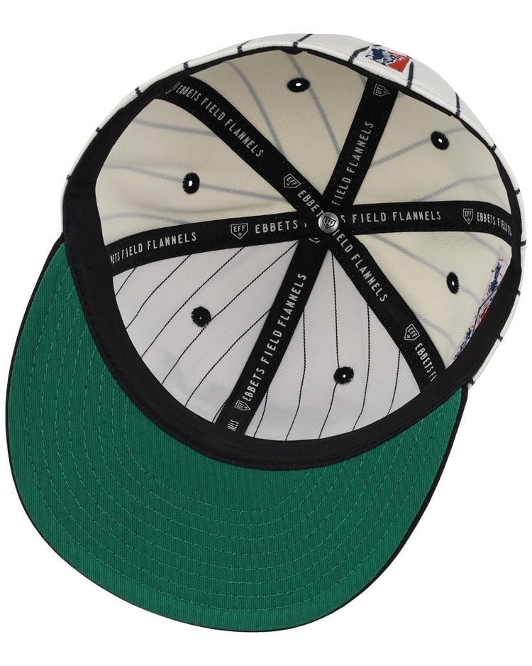 The EFF Philadelphia Stars NLB Pinstripe Fitted Ballcap has a green underbrim, black EFF-branded interior bands, exposed stitching, and an MLB logo patch, celebrating Black baseball history in the Negro National League.