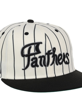 The EFF Montreal Black Panthers NLB Pinstripe Fitted Ballcap features a white base with black pinstripes, black bill, bold Panthers embroidery, and a small black panther graphic on the side.