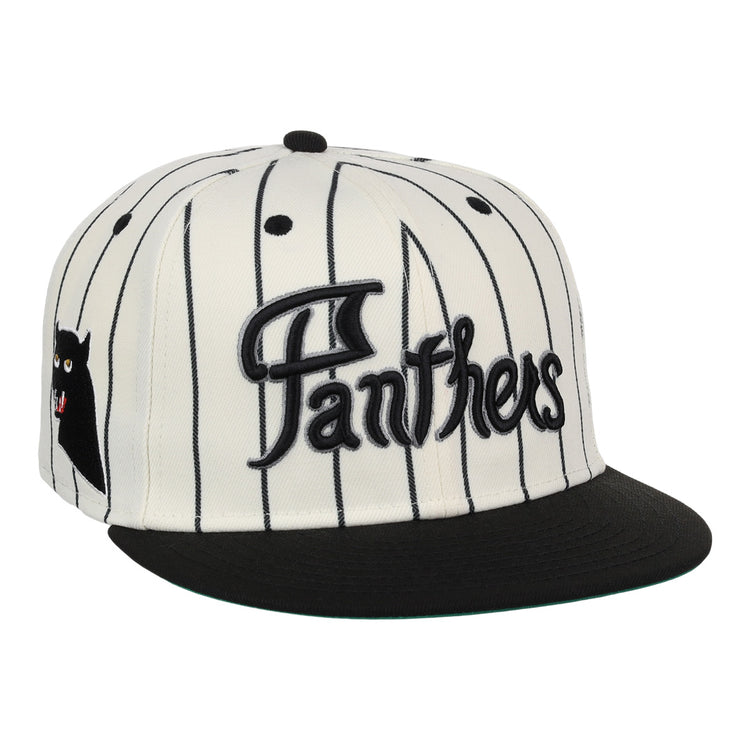 The EFF Montreal Black Panthers NLB Pinstripe Fitted Ballcap features a white base with black pinstripes, black bill, bold Panthers embroidery, and a small black panther graphic on the side.