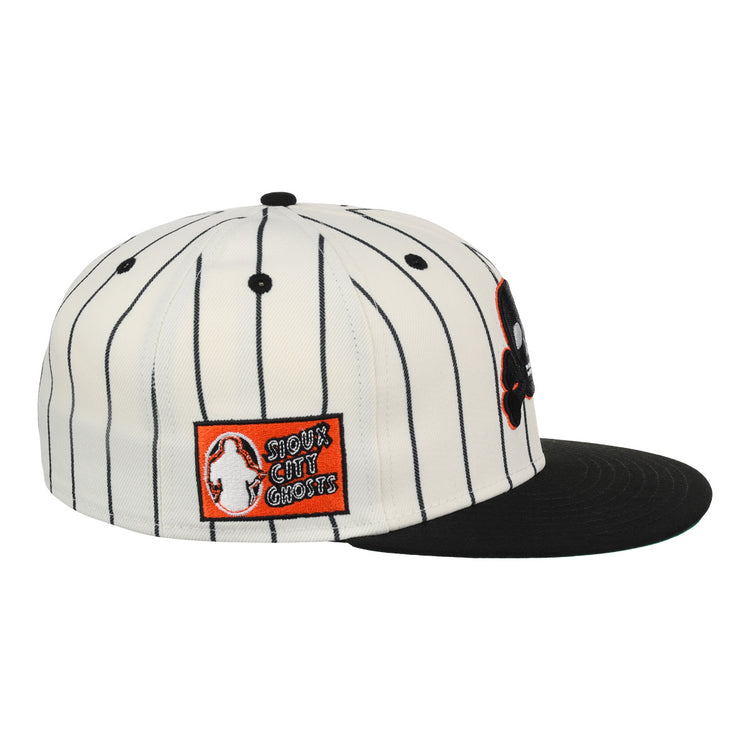 The EFF Sioux City Ghosts Pinstripe Fitted Ballcap features a white pinstripe design, black brim, and a side patch with an orange background, ghost graphic, and “Shout Out Ghosts” text—a tribute to the team.