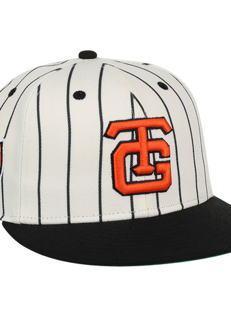 The EFF Tokyo Giants EFF Pinstripe Fitted Ballcap features white fabric with black vertical pinstripes, a black brim, an orange TG logo, and a Tokyo patch—perfect for fans of the NLB Pinstripe Collection.