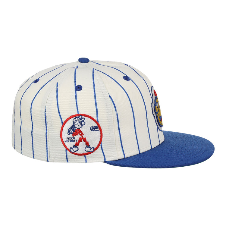 The EFF Reddy Kilowatt EFF Pinstripe Fitted Ballcap is white with blue pinstripes, a blue brim, and features embroidered bear swinging bat and colorful logo patches on the front.