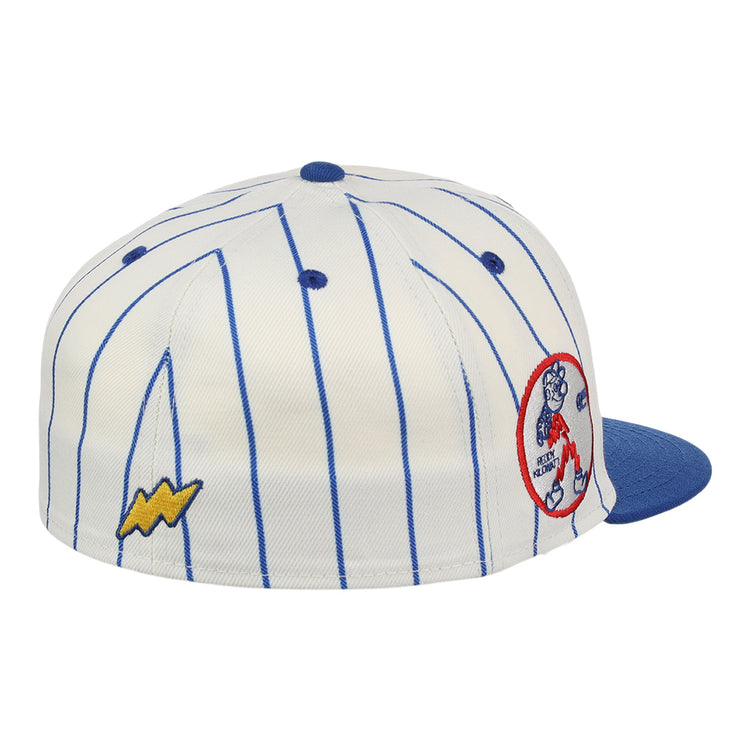 The Reddy Kilowatt EFF Pinstripe Fitted Ballcap by EFF features blue vertical pinstripes on white, a blue brim, a yellow Reddy Kilowatt lightning bolt patch on the side, and a circular Bear Bottom bear patch on the back.