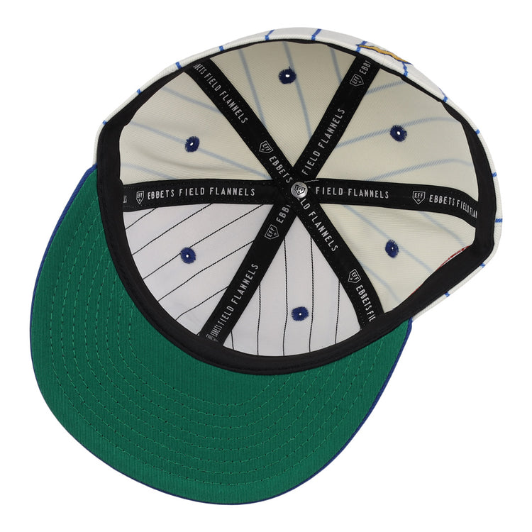 The image shows the inside of the EFF Reddy Kilowatt Pinstripe Fitted Ballcap. It features a green underbrim, white crown with blue pinstripes, black EBBETS FIELD FLANNELS taping, and visible blue rivets.