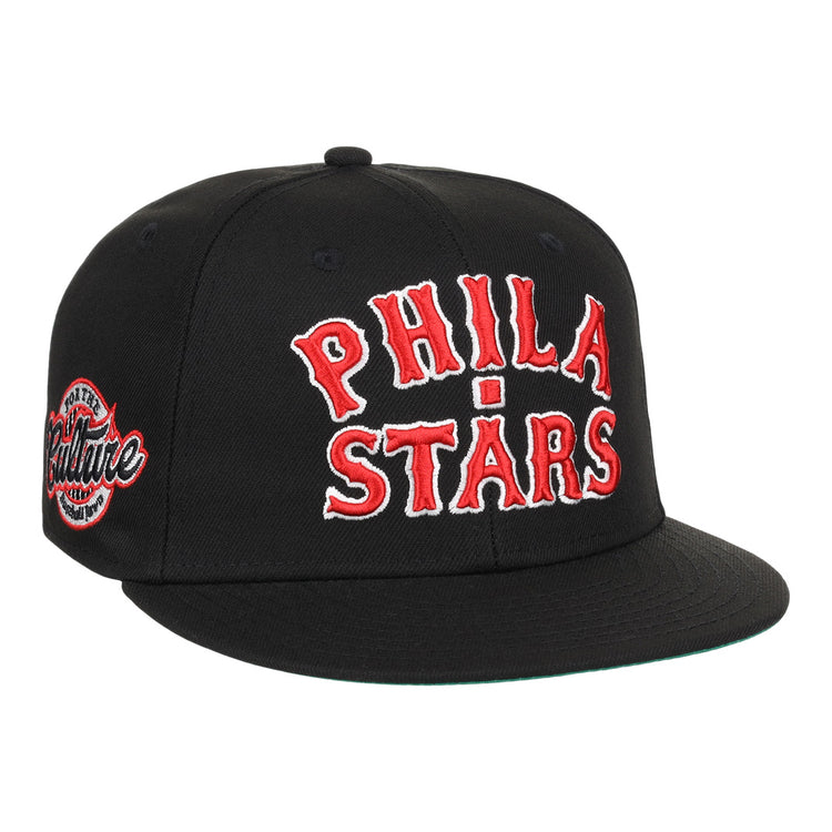 The EFF Cultural Excellence x Philadelphia Stars Fitted Ballcap features PHILA STARS in bold red and white, a Culture patch on the side, and classic streetwear style inspired by Negro League Baseball.