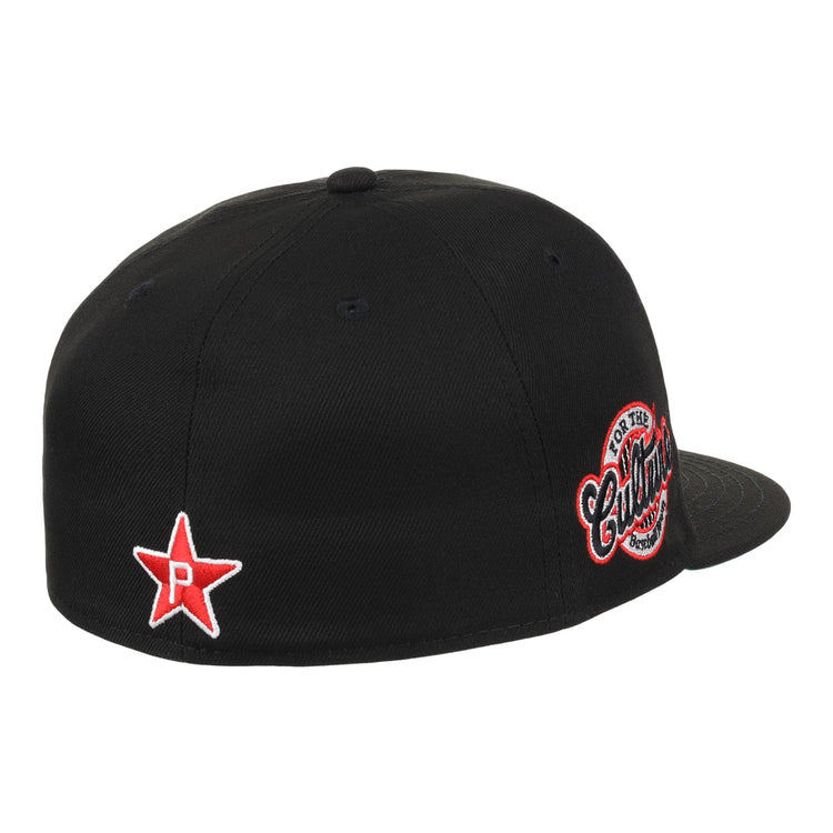 The EFF Cultural Excellence x Philadelphia Stars Fitted Ballcap is black with a red and white star and the letter P, inspired by the Negro League team. It features a circular embroidered Cutters patch on the back and is shown from an angled rear view.