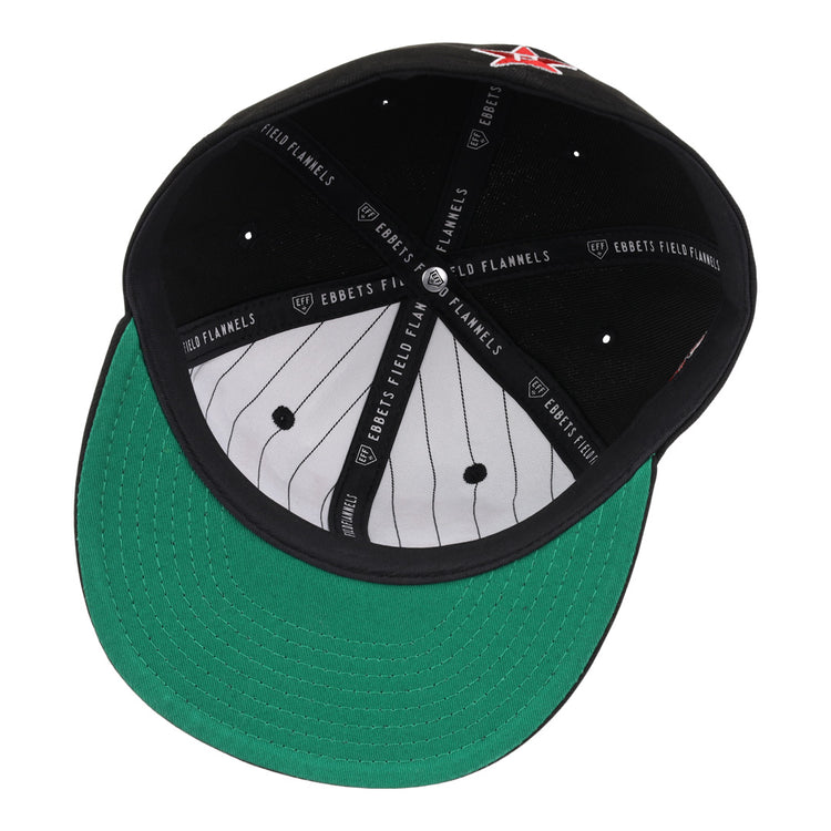 The EFF Cultural Excellence x Philadelphia Stars Fitted Ballcap features a black exterior, green underbrim, gray and white pinstripe interior, and black bands with EBBETS FIELD FLANNELS branding—honoring classic Negro League Baseball style.