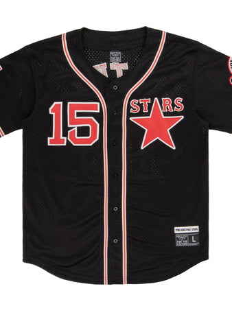 The EFF Cultural Excellence x Philadelphia Stars Button Down Jersey pays tribute to Negro League Baseball with a black design, red and white trim, number 15, STARS lettering with a red star, and Philly Stars patches on both sleeves.