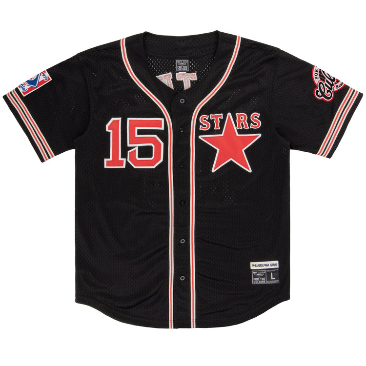 The EFF Cultural Excellence x Philadelphia Stars Button Down Jersey pays tribute to Negro League Baseball with a black design, red and white trim, number 15, STARS lettering with a red star, and Philly Stars patches on both sleeves.