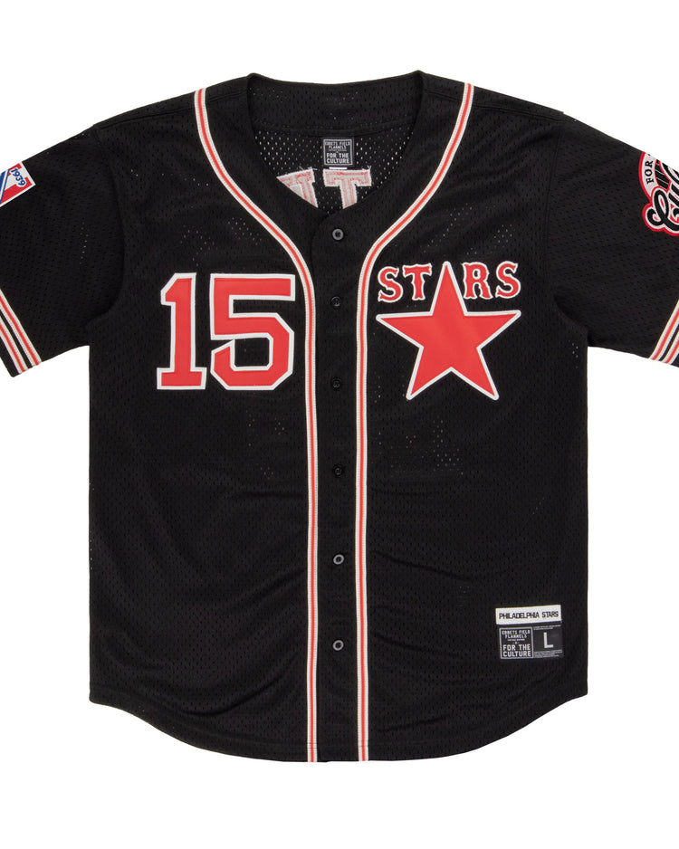 The EFF Cultural Excellence x Philadelphia Stars Button Down Jersey pays tribute to Negro League Baseball with a black design, red and white trim, number 15, STARS lettering with a red star, and Philly Stars patches on both sleeves.