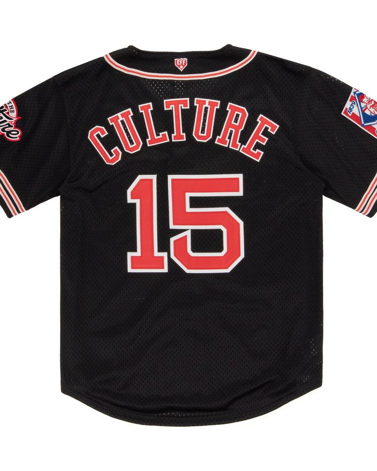 The EFF Cultural Excellence x Philadelphia Stars Button Down Jersey is a black baseball jersey with red and white trim, CULTURE and the number 15 on the back, plus sleeve patches for authentic flair inspired by Negro League streetwear.