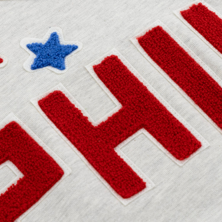 Close-up of red textured block letters and a blue star on light gray French terry, this EFF Cultural Excellence x Philadelphia Stars Hooded Sweatshirt nods to classic streetwear and Negro League Baseball heritage.