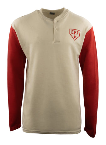 The EFF Fungo Shirt - Red Sleeves is a cream long-sleeve shirt featuring red sleeves, a round collar, short button placket, and a red EFF logo on the upper left chest, inspired by classic flannel baseball uniforms.