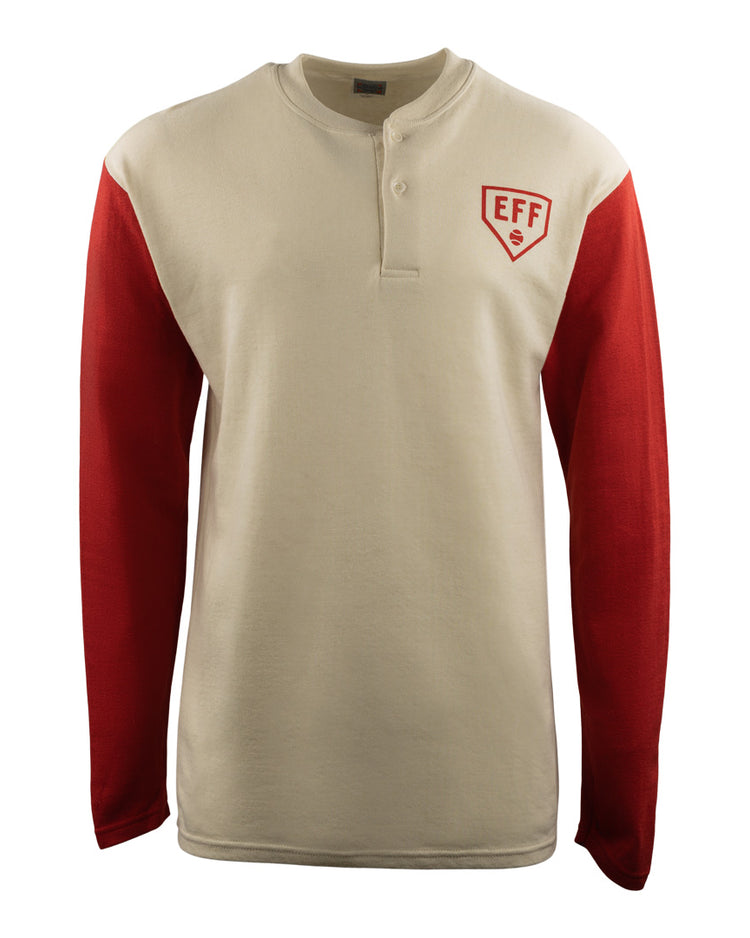 The EFF Fungo Shirt - Red Sleeves is a cream long-sleeve shirt featuring red sleeves, a round collar, short button placket, and a red EFF logo on the upper left chest, inspired by classic flannel baseball uniforms.