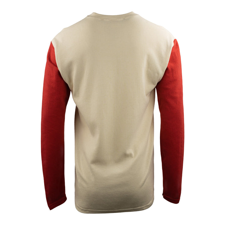 The EFF Fungo Shirt - Red Sleeves features an off-white body, solid red long sleeves, and a classic crew neck inspired by vintage flannel baseball uniforms. Shown from the back on a plain white background.