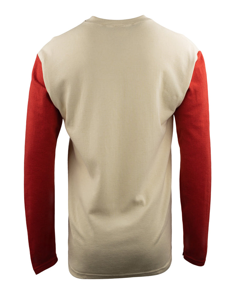 The EFF Fungo Shirt - Red Sleeves features an off-white body, solid red long sleeves, and a classic crew neck inspired by vintage flannel baseball uniforms. Shown from the back on a plain white background.