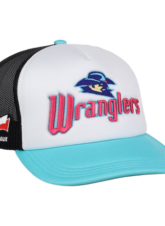 The Wichita Wranglers EFF MiLB Vintage Foam Trucker by EFF features a white front, light blue bill, black mesh back, red team text and bird logo, plus a Texas League flag patch for classic minor league style.