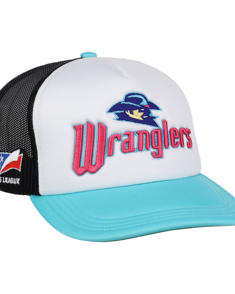 The Wichita Wranglers EFF MiLB Vintage Foam Trucker by EFF features a white front, light blue bill, black mesh back, red team text and bird logo, plus a Texas League flag patch for classic minor league style.