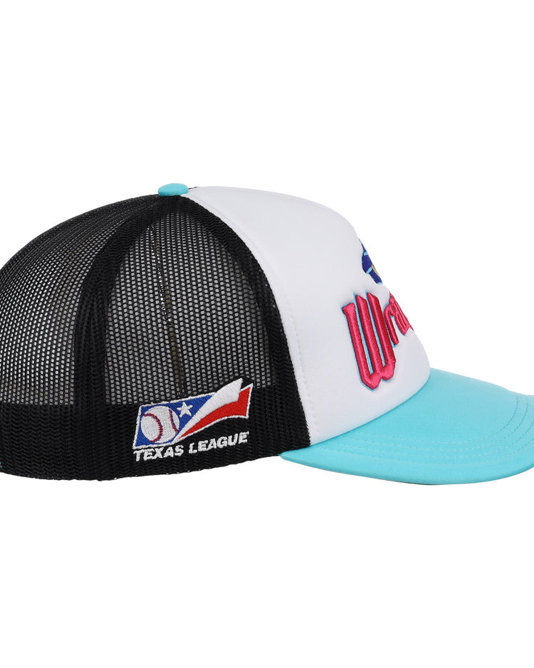 Side view of the Wichita Wranglers EFF MiLB Vintage Foam Trucker by EFF, with a white front, teal brim, black mesh back, and embroidered logos including Texas League and a baseball graphic on the mesh side.