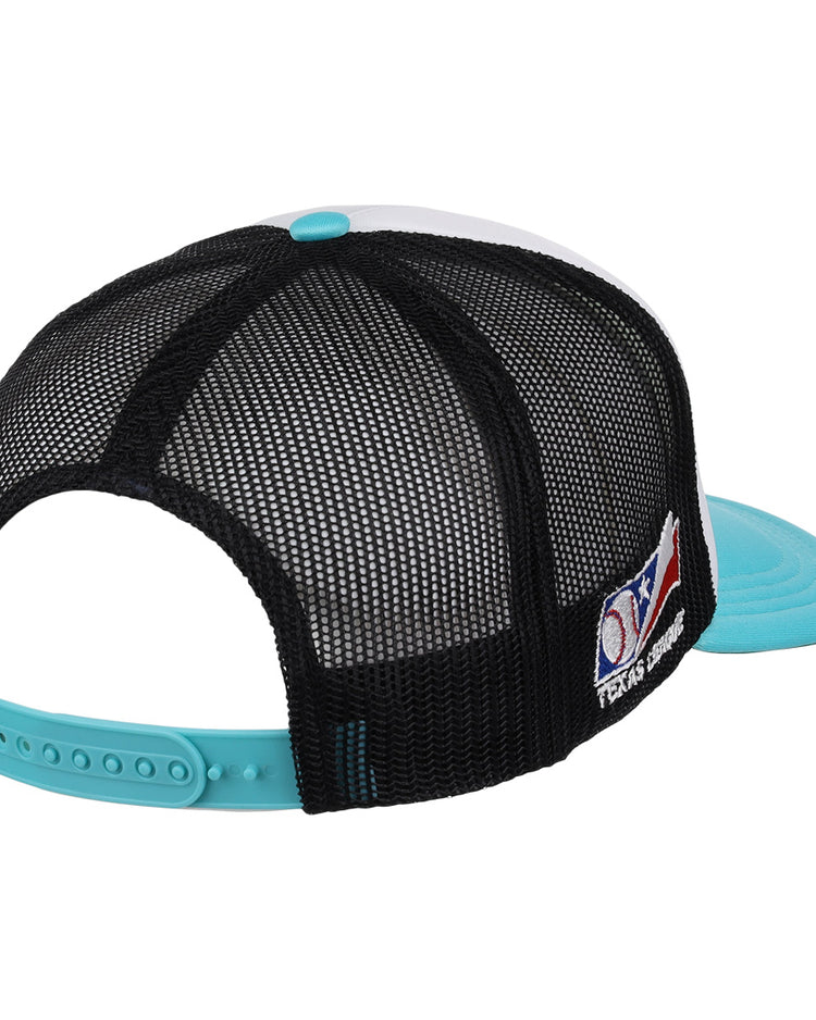 The EFF Wichita Wranglers MiLB Vintage Foam Trucker features a black mesh back, turquoise adjustable snap and brim, a side Texas Strong flag patch, and a solid white front panel inspired by classic Texas League style.