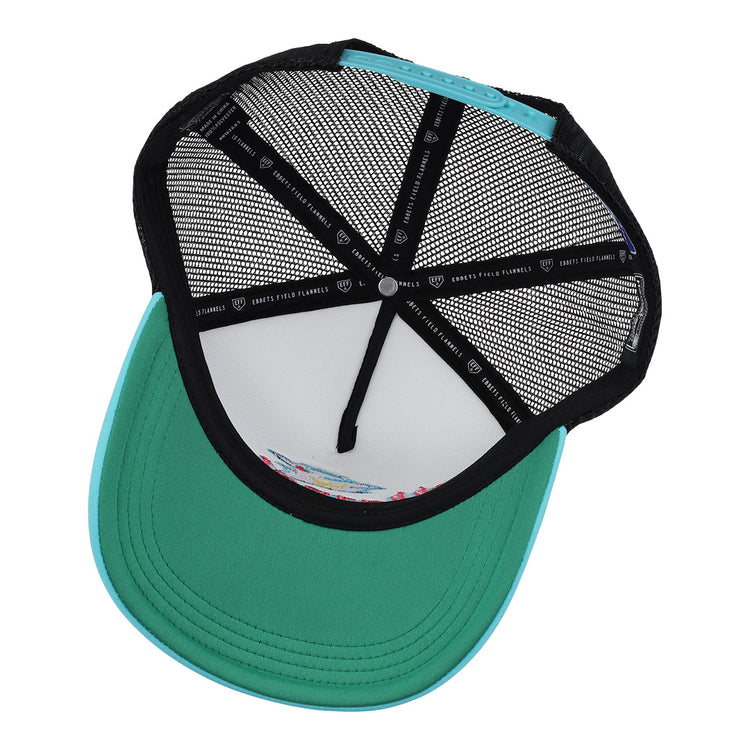 The EFF Wichita Wranglers MiLB Vintage Foam Trucker hat features teal and black mesh, a curved teal brim, black inner lining, and visible stitching—showcasing retro minor league style from the underside.
