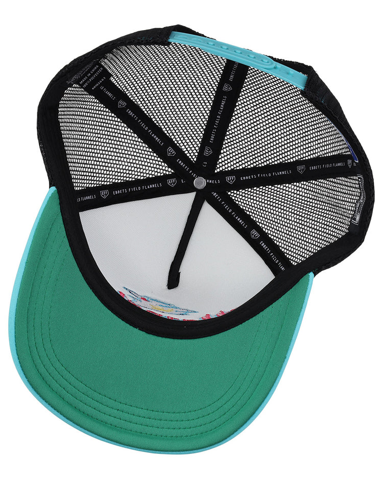 The EFF Wichita Wranglers MiLB Vintage Foam Trucker hat features teal and black mesh, a curved teal brim, black inner lining, and visible stitching—showcasing retro minor league style from the underside.