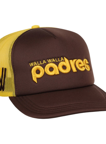 The EFF Walla Walla Padres MiLB Vintage Foam Trucker is a brown and yellow snapback hat featuring Walla Walla Padres embroidered in yellow, a WW logo on the side, and a breathable yellow mesh back.