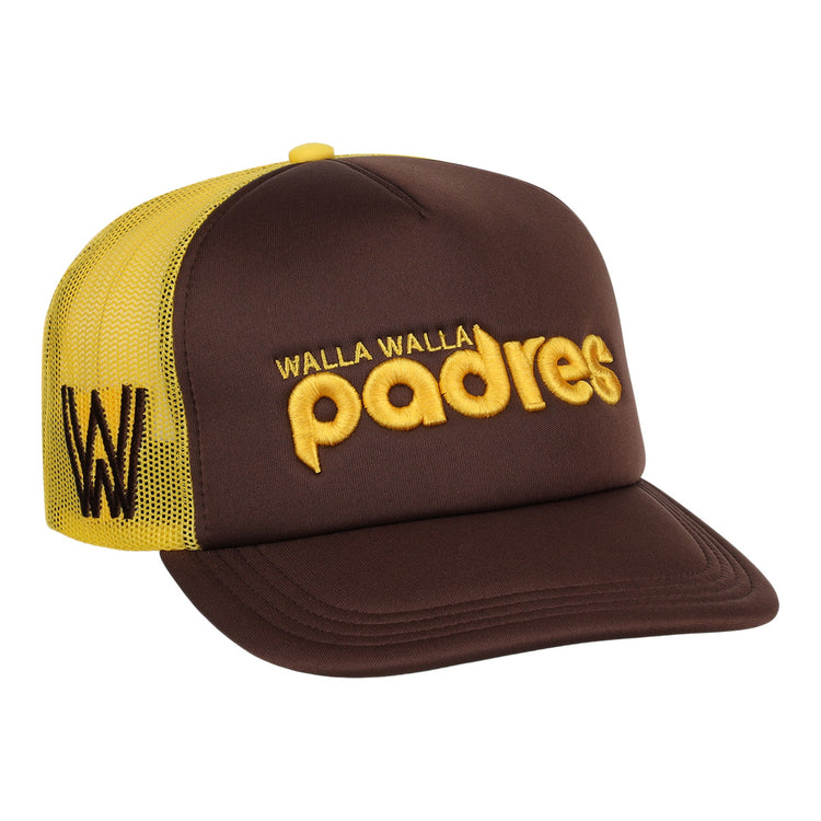 The EFF Walla Walla Padres MiLB Vintage Foam Trucker is a brown and yellow snapback hat featuring Walla Walla Padres embroidered in yellow, a WW logo on the side, and a breathable yellow mesh back.