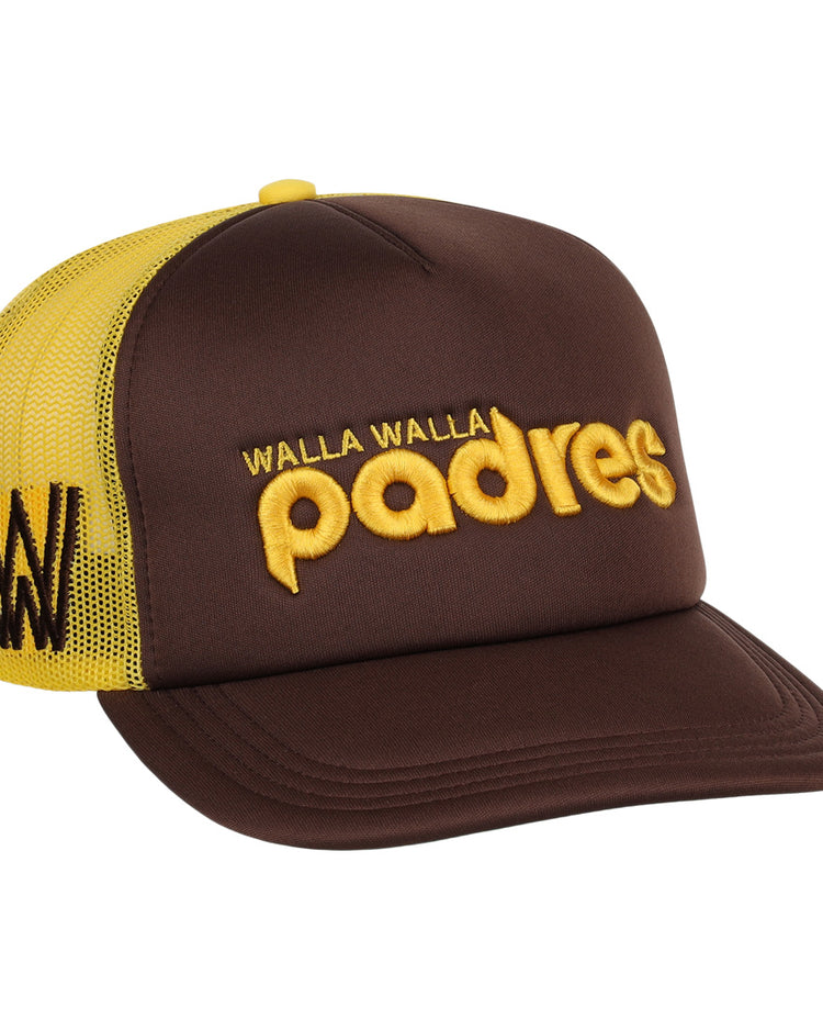The EFF Walla Walla Padres MiLB Vintage Foam Trucker is a brown and yellow snapback hat featuring Walla Walla Padres embroidered in yellow, a WW logo on the side, and a breathable yellow mesh back.