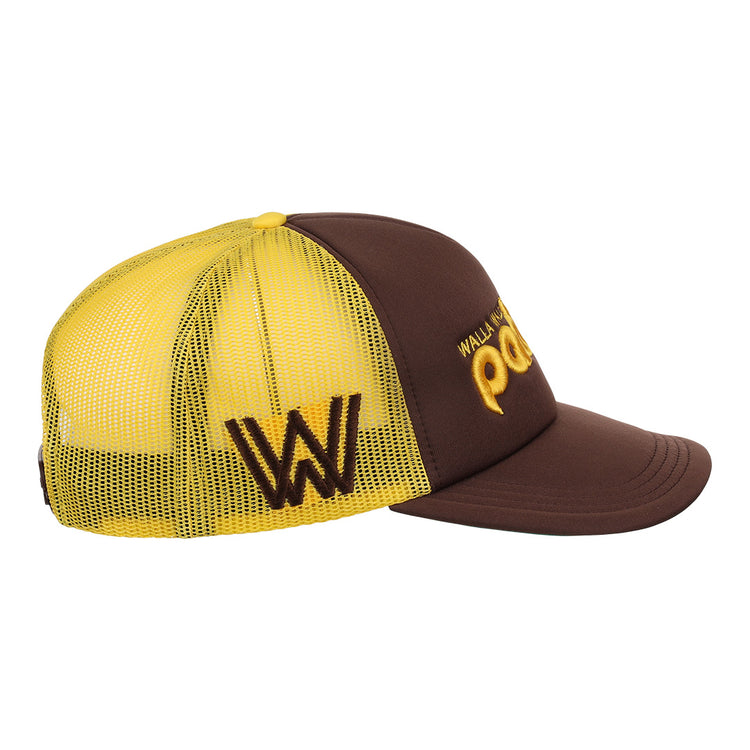 The EFF Walla Walla Padres MiLB Vintage Foam Trucker is a brown and yellow snapback hat with mesh back, featuring a bold embroidered W on the side, plus partially visible yellow text and graphics on the front.