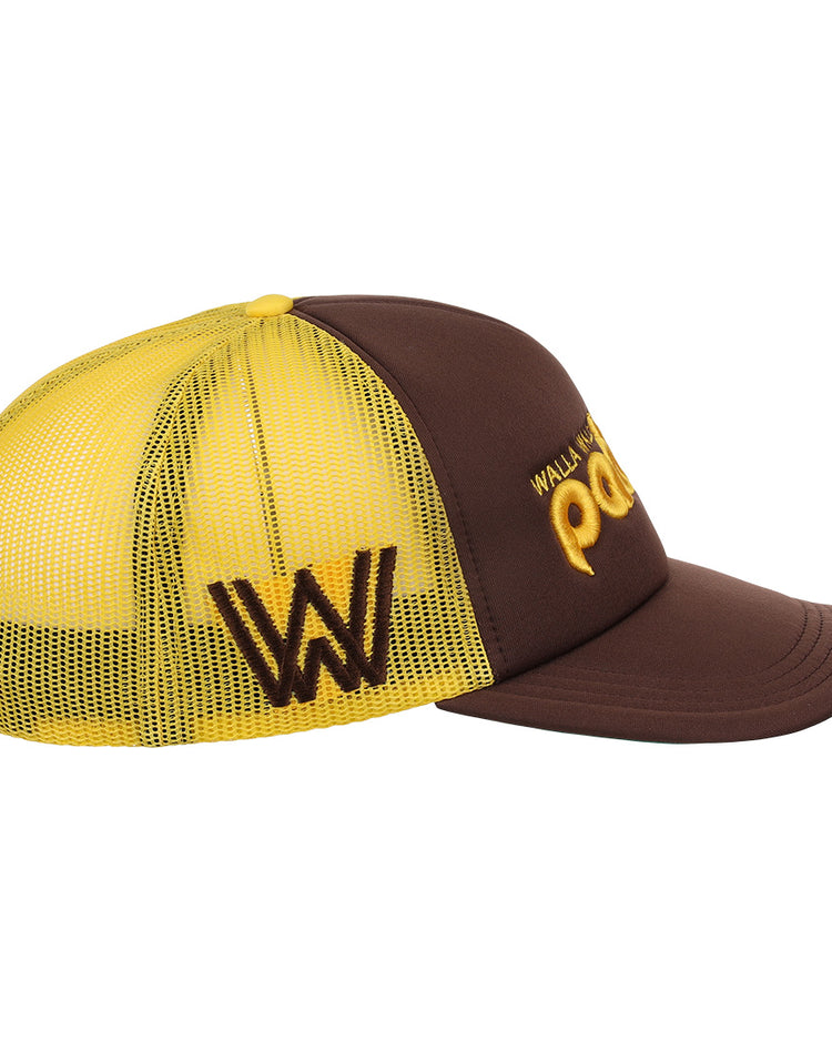 The EFF Walla Walla Padres MiLB Vintage Foam Trucker is a brown and yellow snapback hat with mesh back, featuring a bold embroidered W on the side, plus partially visible yellow text and graphics on the front.