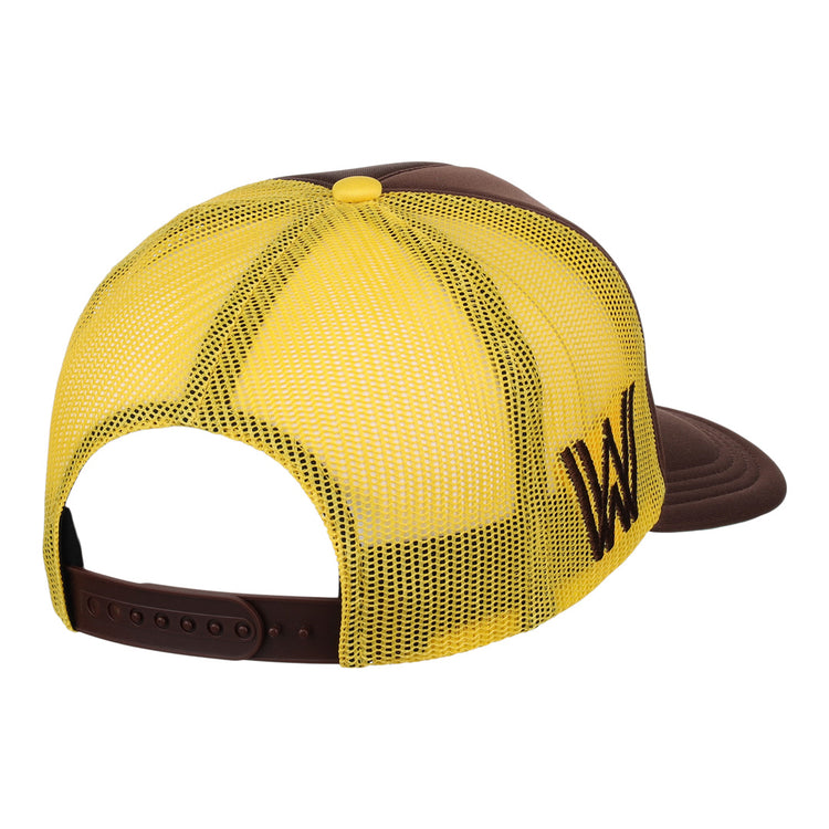 The EFF Walla Walla Padres EFF MiLB Vintage Foam Trucker hat features brown and yellow mesh, an adjustable snapback, and a large W logo on the side panel, seen from the back.