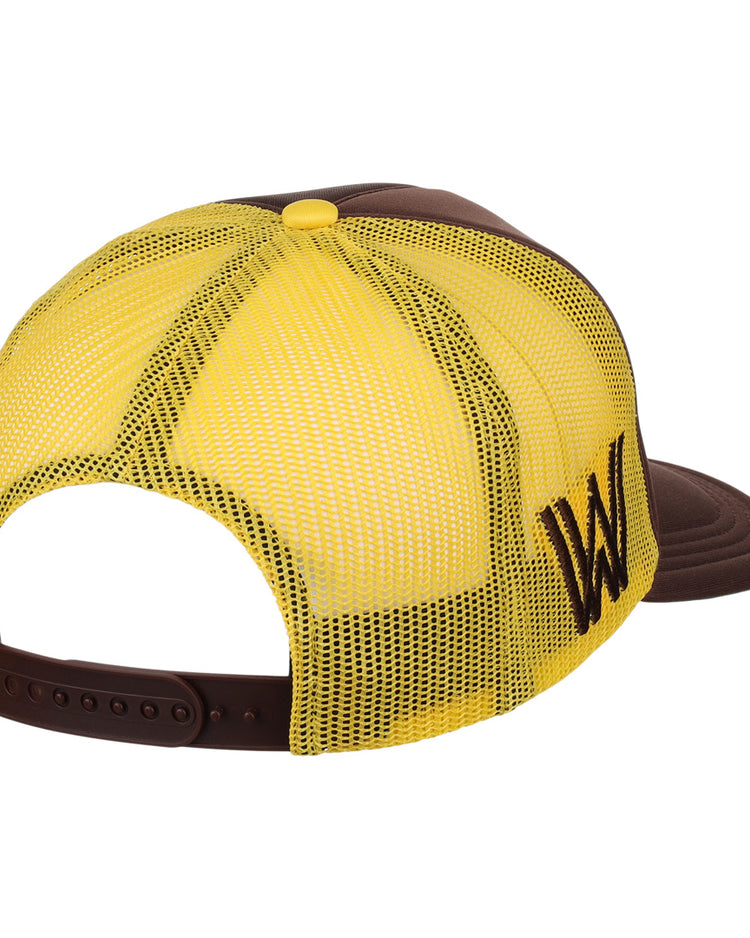The EFF Walla Walla Padres EFF MiLB Vintage Foam Trucker hat features brown and yellow mesh, an adjustable snapback, and a large W logo on the side panel, seen from the back.