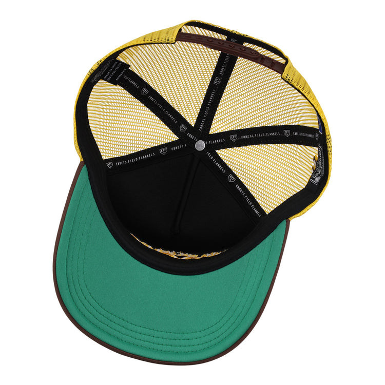 A top-down view of the EFF Walla Walla Padres MiLB Vintage Foam Trucker, showing its green brim, brown edge, yellow mesh sides, and crisscrossed branded black interior straps.