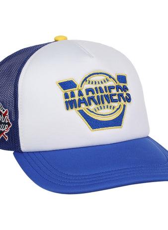 The EFF Vermont Mariners EFF MiLB Vintage Foam Trucker is a white and blue snapback with a yellow and blue Mariners logo, red Eastern League patch, mesh back, and blue bill—ideal for collectors of the Vintage Minor League collection.