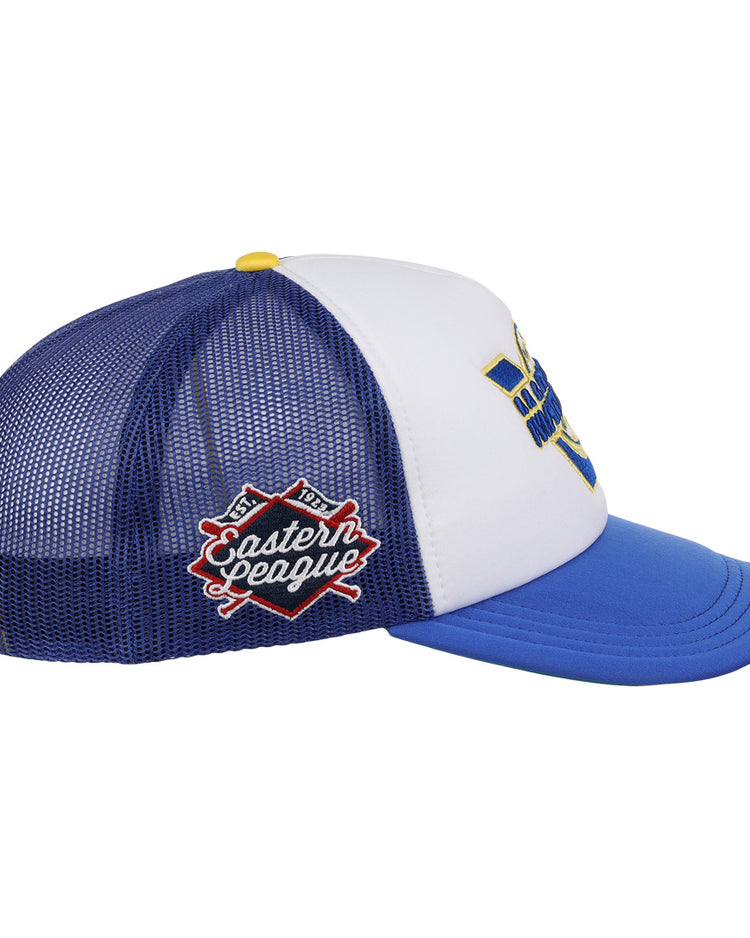 The EFF Vermont Mariners MiLB Vintage Foam Trucker is a blue and white mesh hat with a curved brim, featuring yellow front embroidery and a red-and-white patch, inspired by vintage Eastern League style.