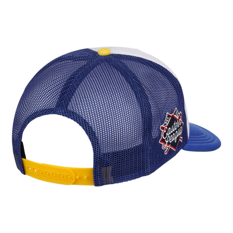 The EFF Vermont Mariners Vintage Foam Trucker features a blue mesh, white front, yellow adjustable strap, and a colorful Coastal League patch on the back—ideal for Eastern League snapback fans.