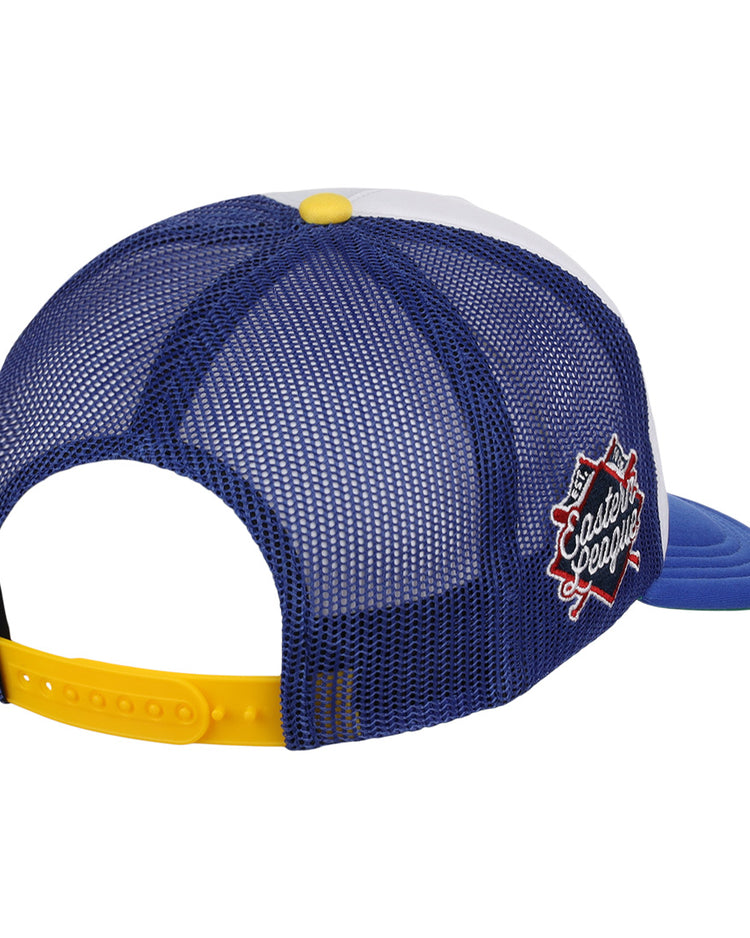 The EFF Vermont Mariners Vintage Foam Trucker features a blue mesh, white front, yellow adjustable strap, and a colorful Coastal League patch on the back—ideal for Eastern League snapback fans.