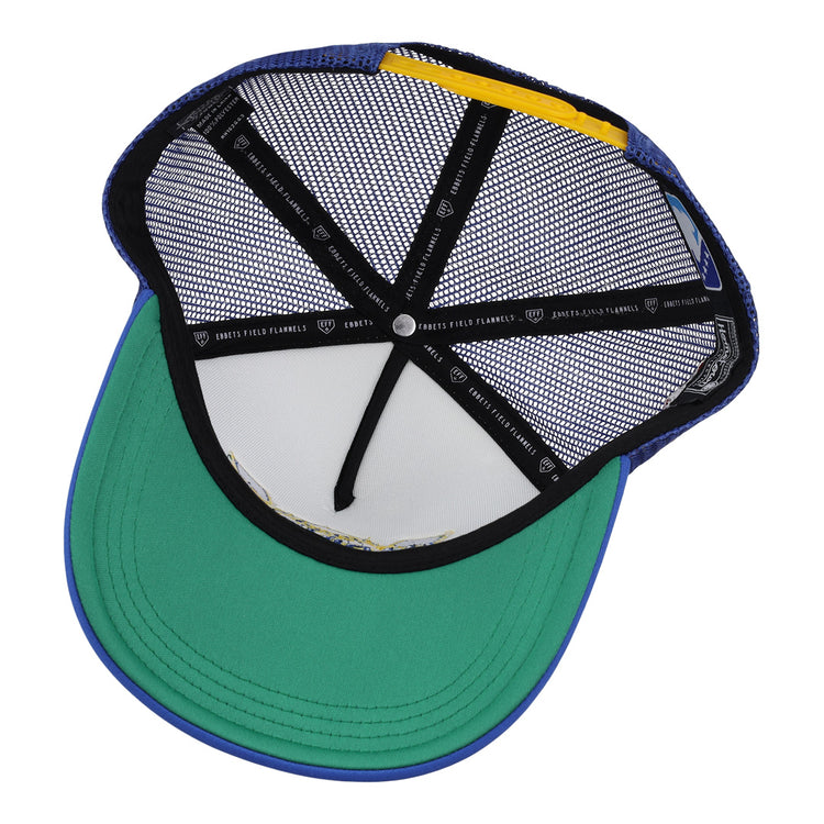 The EFF Vermont Mariners EFF MiLB Vintage Foam Trucker features a green visor, black mesh lining, black internal support bands with white text, and a blue outer rim—classic touches for any snapback fan.