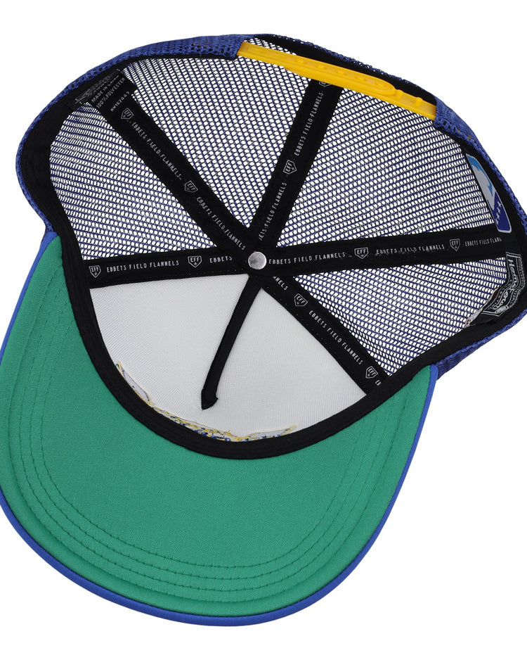 The EFF Vermont Mariners EFF MiLB Vintage Foam Trucker features a green visor, black mesh lining, black internal support bands with white text, and a blue outer rim—classic touches for any snapback fan.