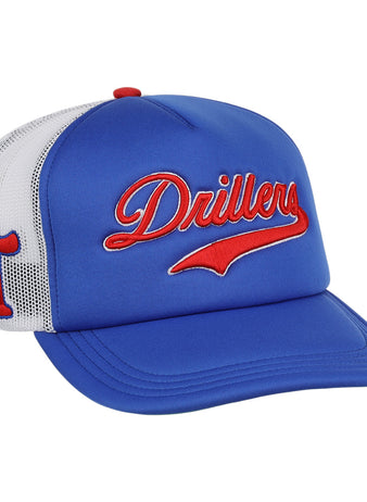 The EFF Tulsa Drillers EFF MiLB Vintage Foam Trucker is a blue and white mesh hat with a curved bill, red Drillers script on the front, a red T on the side, and structured panels—honoring the Tulsa Drillers of the Texas League.