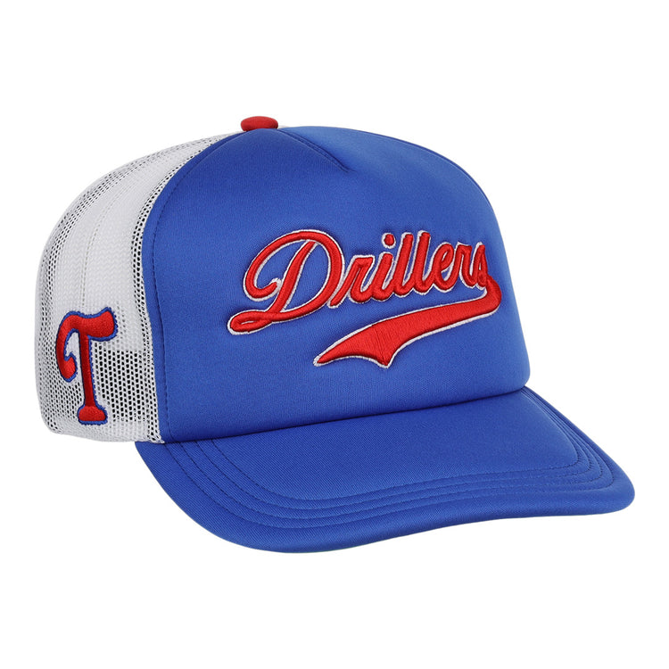 The EFF Tulsa Drillers EFF MiLB Vintage Foam Trucker is a blue and white mesh hat with a curved bill, red Drillers script on the front, a red T on the side, and structured panels—honoring the Tulsa Drillers of the Texas League.