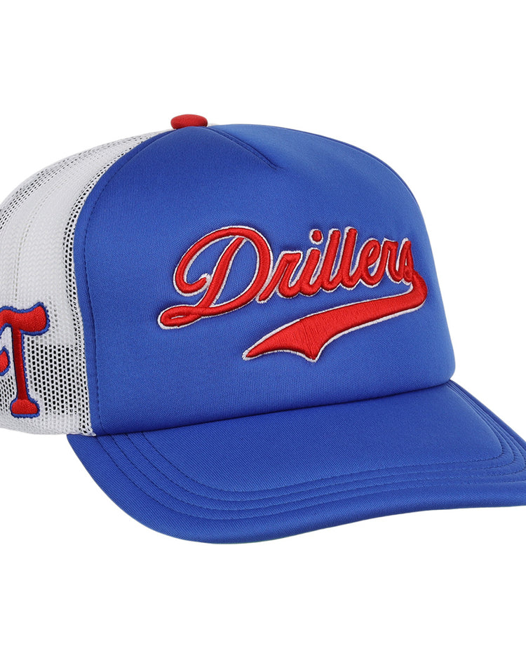 The EFF Tulsa Drillers EFF MiLB Vintage Foam Trucker is a blue and white mesh hat with a curved bill, red Drillers script on the front, a red T on the side, and structured panels—honoring the Tulsa Drillers of the Texas League.