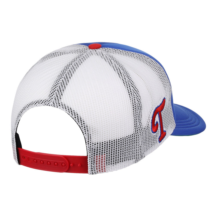 The EFF Tulsa Drillers EFF MiLB Vintage Foam Trucker is a blue and white mesh cap with a red snapback, red T on the side, and retro style, shown from the back as part of the Vintage Minor League collection.
