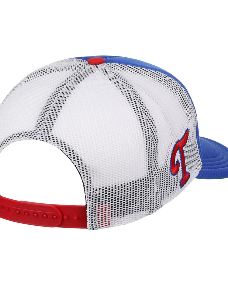 The EFF Tulsa Drillers EFF MiLB Vintage Foam Trucker is a blue and white mesh cap with a red snapback, red T on the side, and retro style, shown from the back as part of the Vintage Minor League collection.