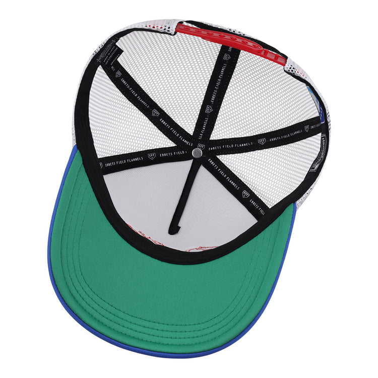 The image shows the inside of an EFF Tulsa Drillers EFF MiLB Vintage Foam Trucker, featuring a green brim, white mesh panels, black bands with white text and hearts, and blue trim along the edge.