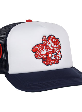 The EFF Portland Beavers EFF MiLB Vintage Foam Trucker is a white, navy, and black mesh snapback hat featuring a red outlined cartoon squirrel with a bat on the front and a red P embroidered on the side, inspired by vintage Portland Beavers style.