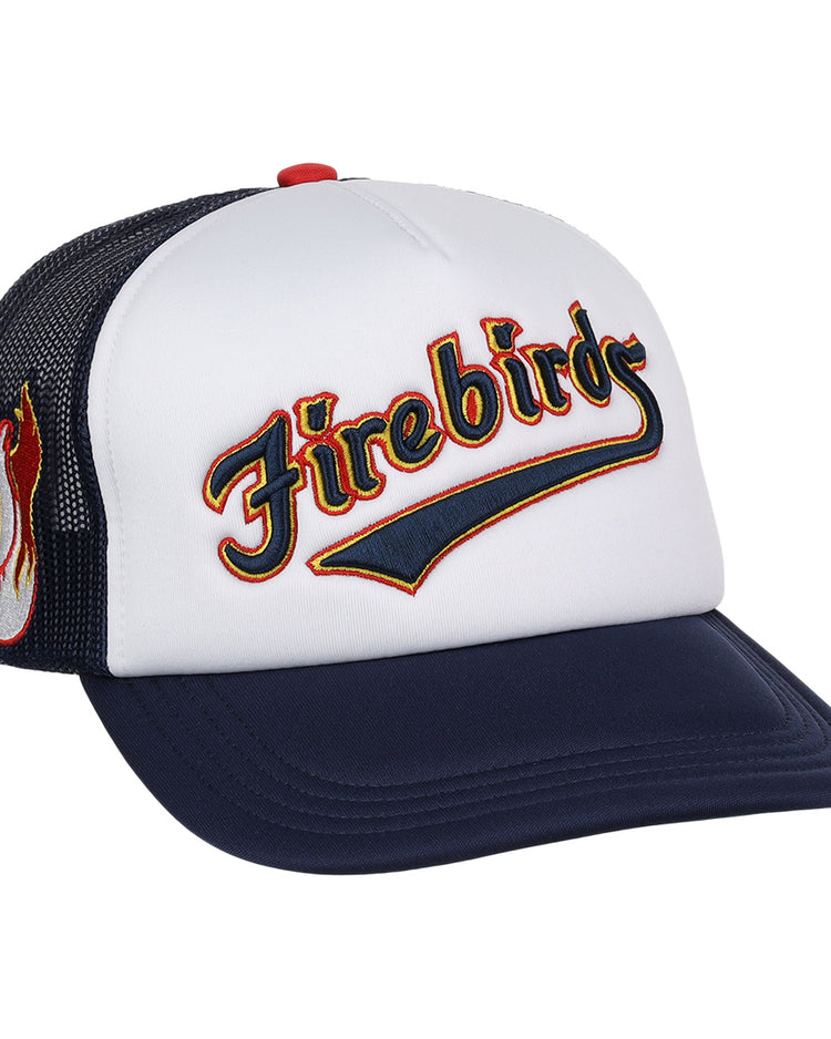 The Phoenix Firebirds EFF MiLB Vintage Foam Trucker by EFF features a white front, navy blue bill and mesh back, colorful Firebirds embroidery, and a flaming bird patch—honoring Pacific Coast League heritage.